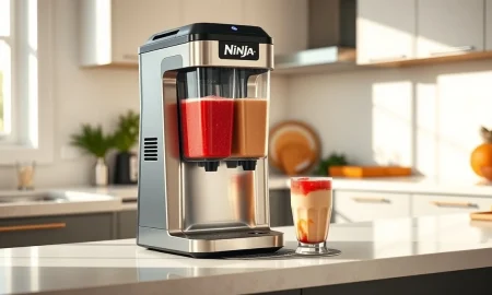 Ninja Slushi Twist frozen drink machine on a kitchen counter with two filled vessels