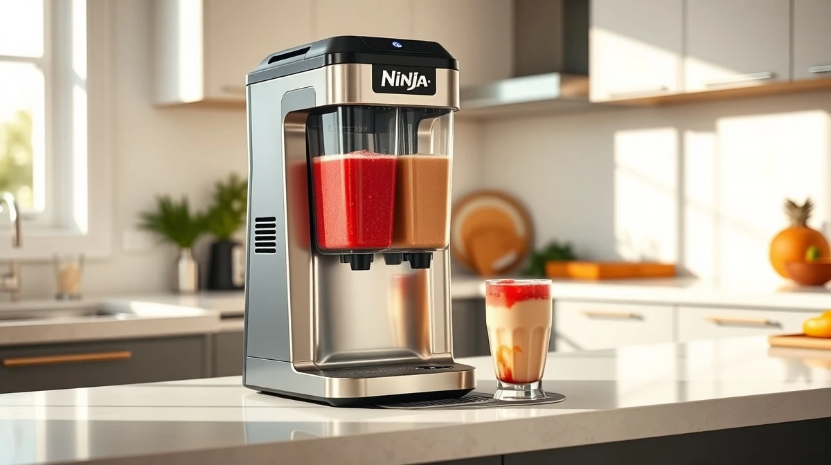 Ninja Slushi Twist frozen drink machine on a kitchen counter with two filled vessels