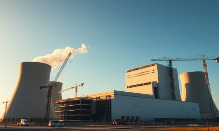 Construction site at a modern nuclear power plant at dawn, symbolizing new investment