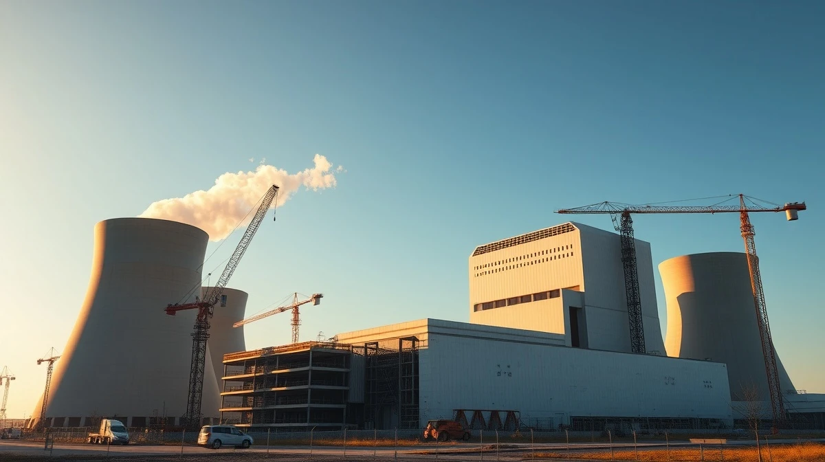 Construction site at a modern nuclear power plant at dawn, symbolizing new investment