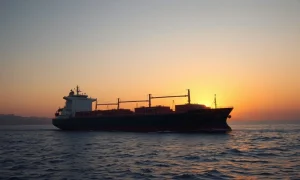 Oil tanker in the Strait of Hormuz at sunset with Iranian coastline in background