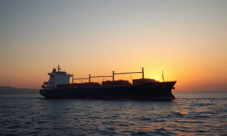 Oil tanker in the Strait of Hormuz at sunset with Iranian coastline in background