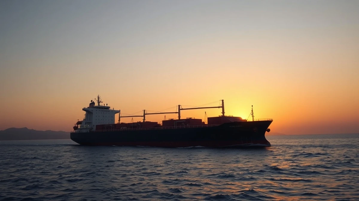 Oil tanker in the Strait of Hormuz at sunset with Iranian coastline in background