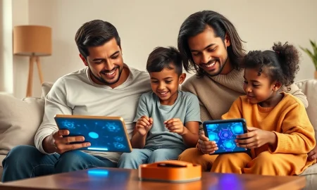 Family using tablet and smartphone with glowing AI interface in living room
