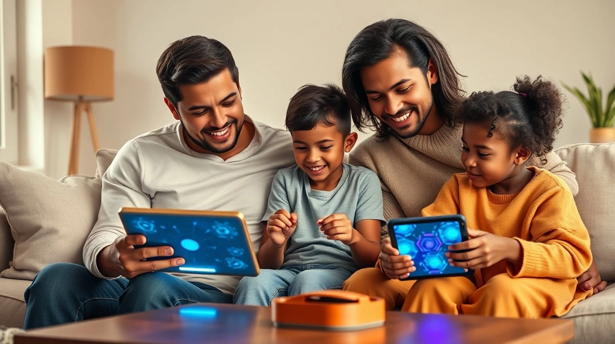 Family using tablet and smartphone with glowing AI interface in living room