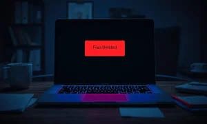 Laptop screen showing a file deletion warning error message, representing GPT-5.6 Sol data loss incidents.
