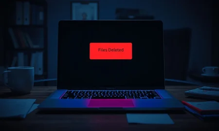 Laptop screen showing a file deletion warning error message, representing GPT-5.6 Sol data loss incidents.
