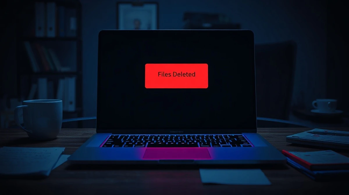 Laptop screen showing a file deletion warning error message, representing GPT-5.6 Sol data loss incidents.
