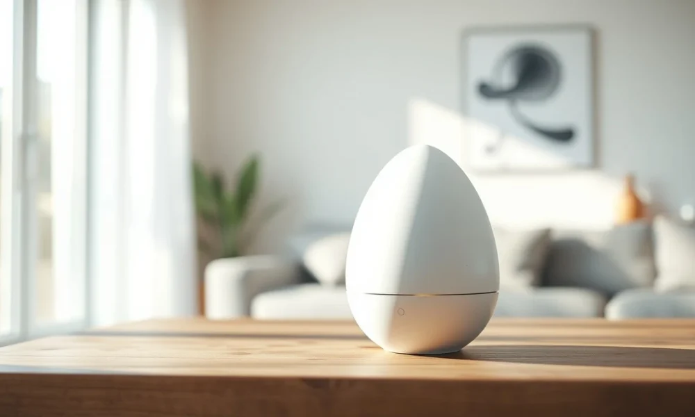 A minimalist white smart speaker device on a table in a sunlit modern room, representing OpenAI's new hardware.