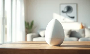 A minimalist white smart speaker device on a table in a sunlit modern room, representing OpenAI's new hardware.