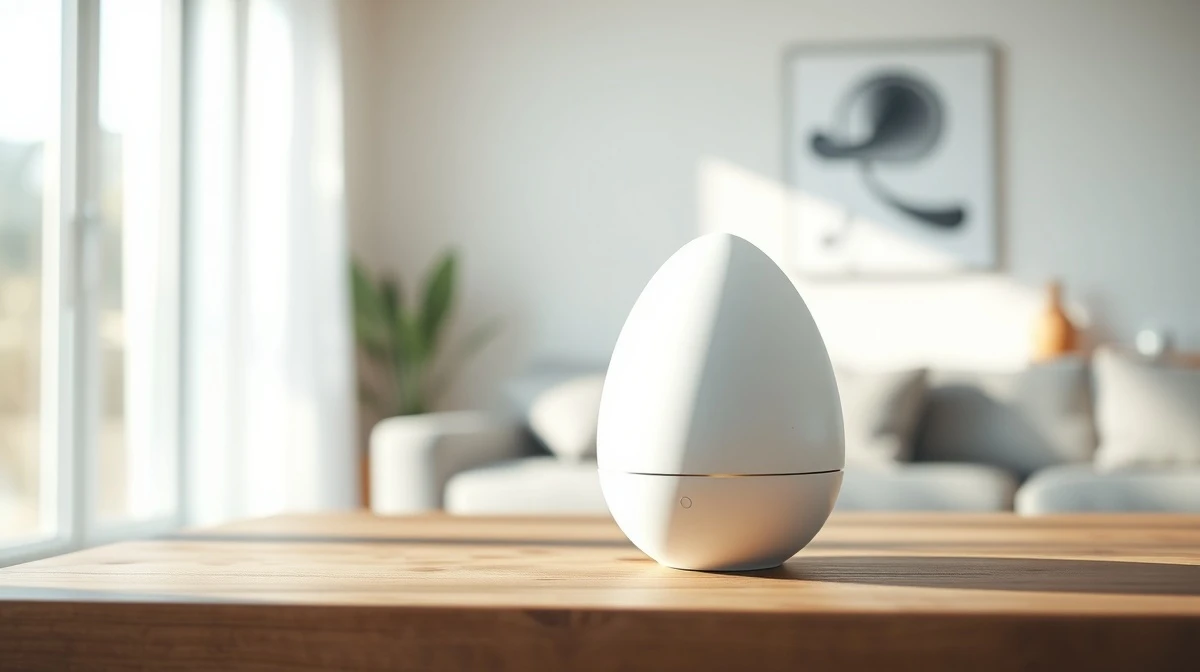 A minimalist white smart speaker device on a table in a sunlit modern room, representing OpenAI's new hardware.