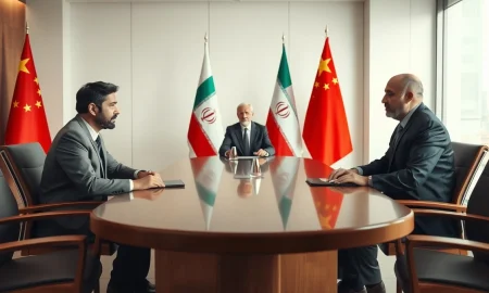 Diplomatic meeting between Pakistan and Iran officials with Chinese mediator at a conference table