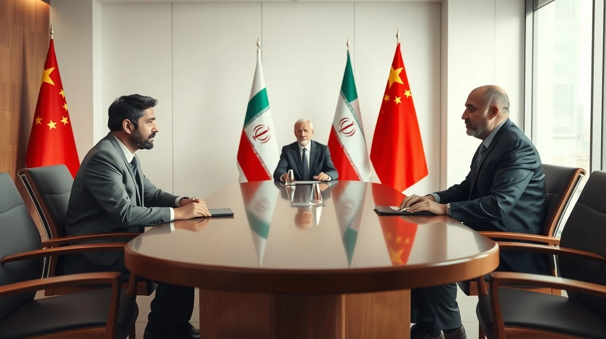 Diplomatic meeting between Pakistan and Iran officials with Chinese mediator at a conference table