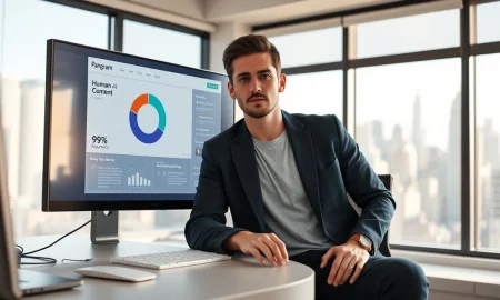 Pangram founder Max Spero at desk with AI detection dashboard on screen in New York office
