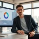 Pangram founder Max Spero at desk with AI detection dashboard on screen in New York office