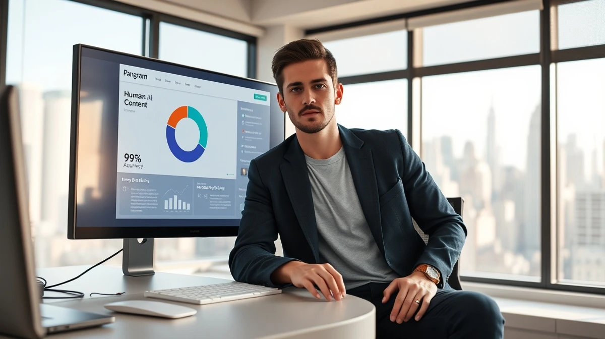 Pangram founder Max Spero at desk with AI detection dashboard on screen in New York office