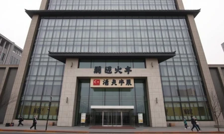 Exterior of the People's Bank of China headquarters in Beijing on a cloudy day.