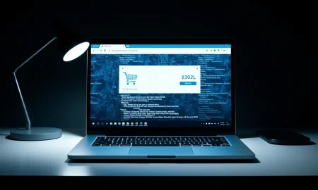Laptop screen showing a shopping browser extension interface with digital tracking elements in the background.