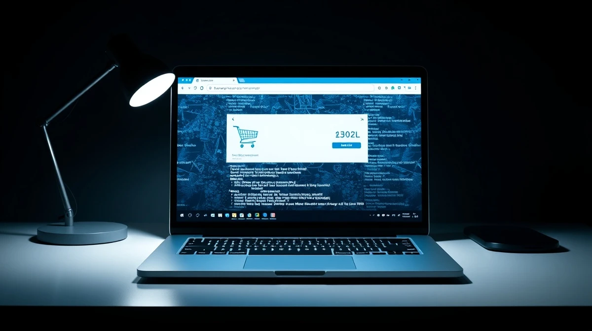 Laptop screen showing a shopping browser extension interface with digital tracking elements in the background.