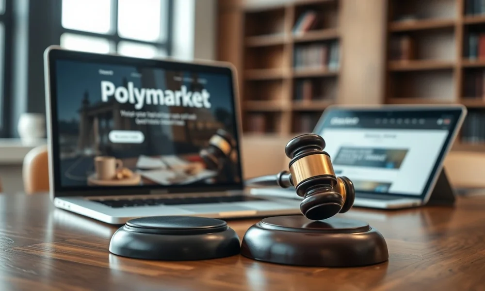 Gavel next to laptop showing Polymarket website in a courtroom setting