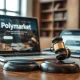 Gavel next to laptop showing Polymarket website in a courtroom setting