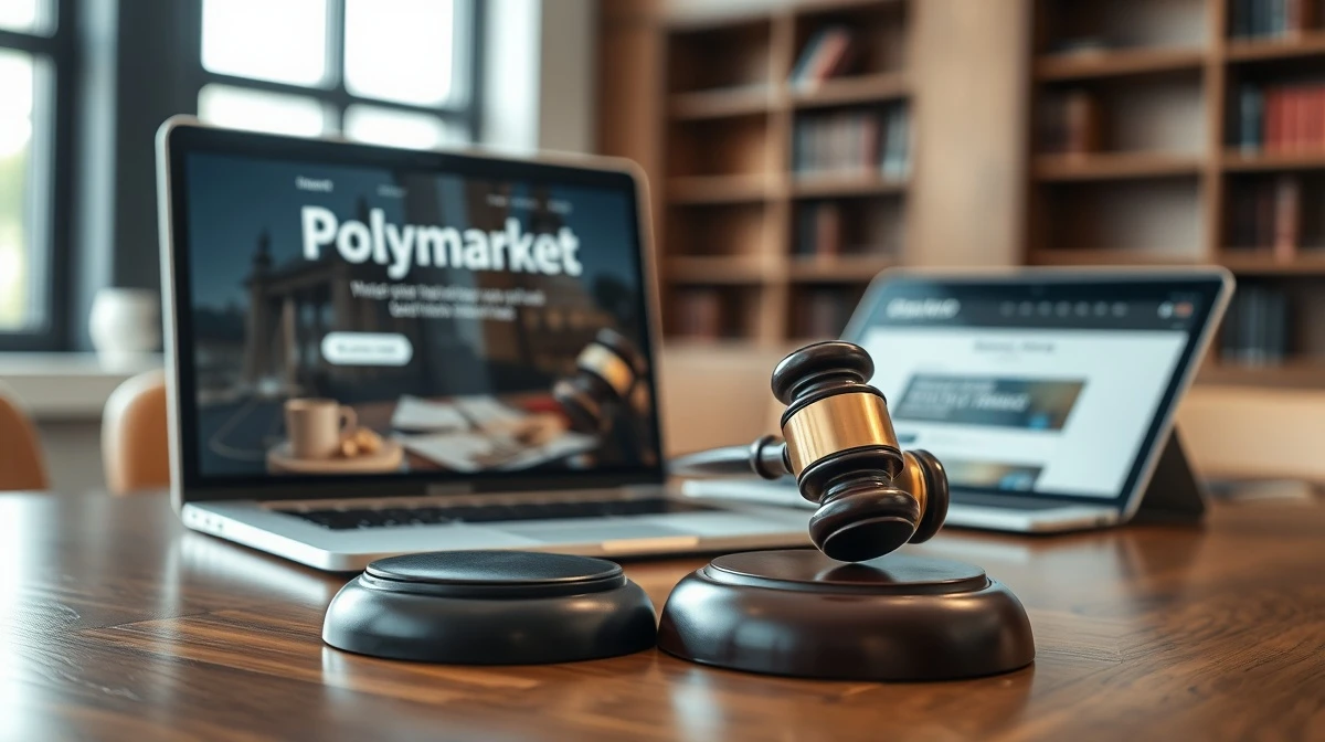 Gavel next to laptop showing Polymarket website in a courtroom setting