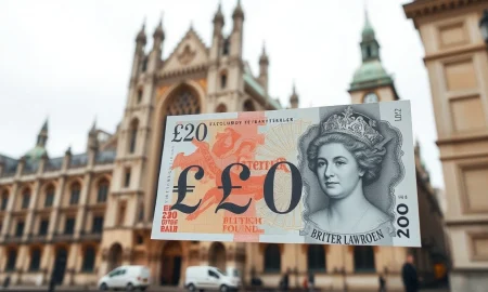 Close-up of a British £20 polymer banknote with Westminster Abbey in the background, symbolizing the Pound Sterling rally ahead of the coronation.