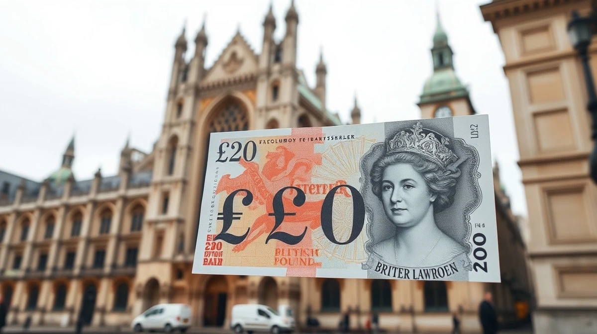 Close-up of a British £20 polymer banknote with Westminster Abbey in the background, symbolizing the Pound Sterling rally ahead of the coronation.