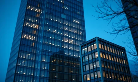 Two office buildings at twilight, one large and brightly lit, another smaller and dimly lit, representing private equity market concentration.