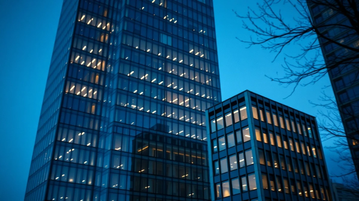 Two office buildings at twilight, one large and brightly lit, another smaller and dimly lit, representing private equity market concentration.