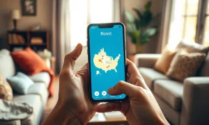 Smartphone displaying Roost app interface with a bird flying over a map, in a cozy room.