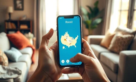Smartphone displaying Roost app interface with a bird flying over a map, in a cozy room.