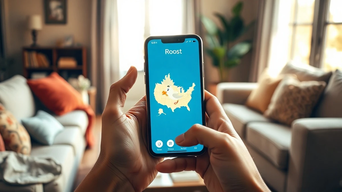 Smartphone displaying Roost app interface with a bird flying over a map, in a cozy room.