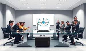 Corporate meeting room with startup and enterprise teams facing off over a laptop showing a network diagram