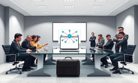 Corporate meeting room with startup and enterprise teams facing off over a laptop showing a network diagram