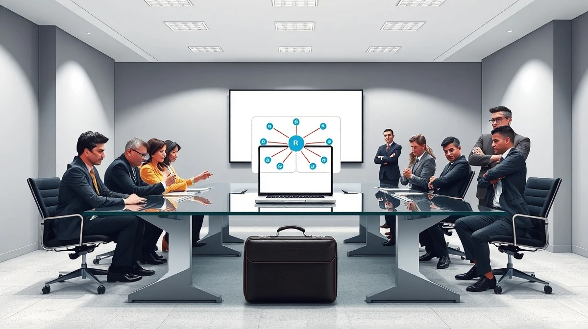Corporate meeting room with startup and enterprise teams facing off over a laptop showing a network diagram