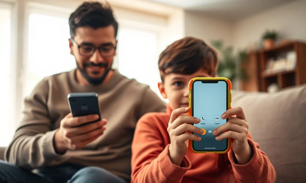 Parent and child sitting together on a sofa, both holding smartphones, representing kid-safe phone options.