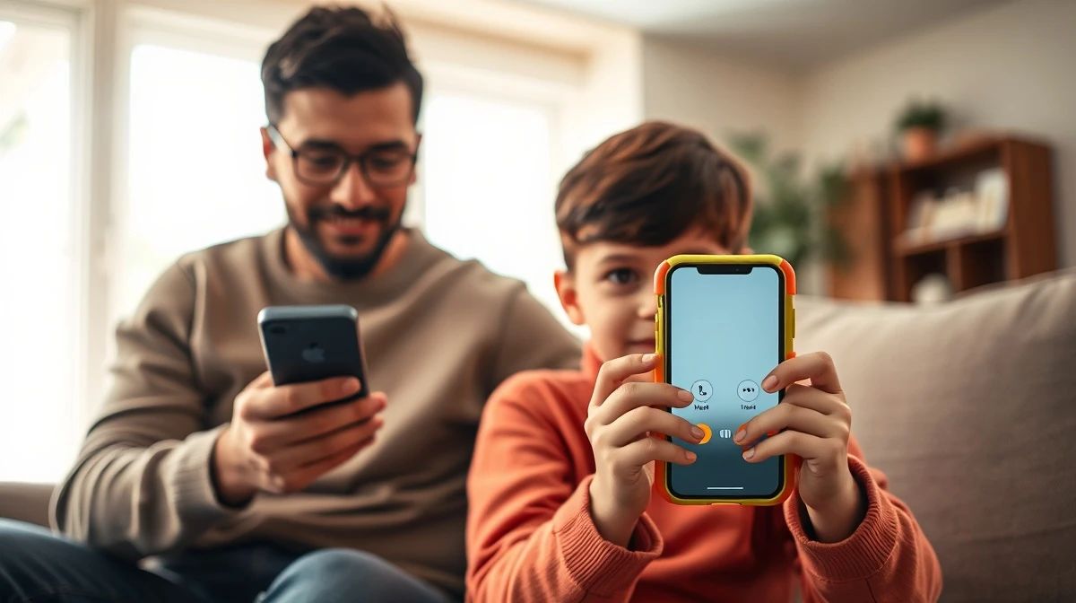 Parent and child sitting together on a sofa, both holding smartphones, representing kid-safe phone options.