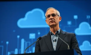 Microsoft CEO Satya Nadella speaking at a press conference about AI data risks