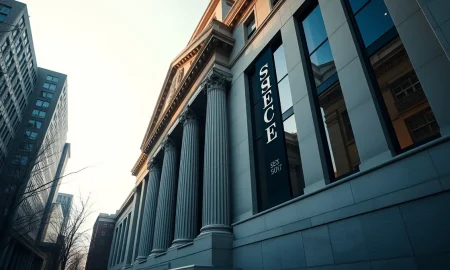 SEC headquarters building with digital blockchain network overlay on a sunny day