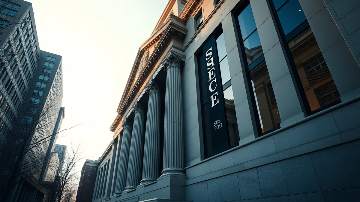 SEC headquarters building with digital blockchain network overlay on a sunny day