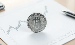 Silver bullion coin on financial chart with upward trend line