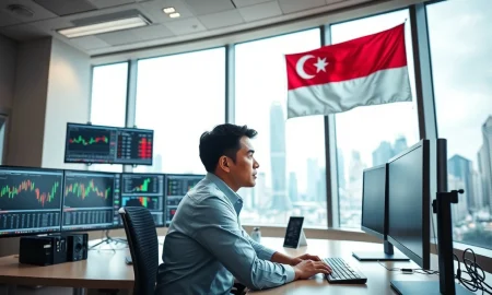 Financial analyst monitors currency exchange charts in a Singapore office.