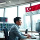 Financial analyst monitors currency exchange charts in a Singapore office.