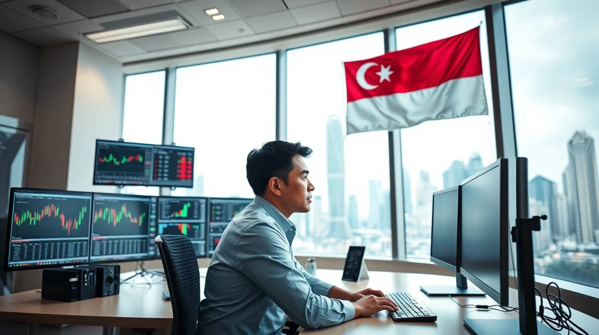 Financial analyst monitors currency exchange charts in a Singapore office.