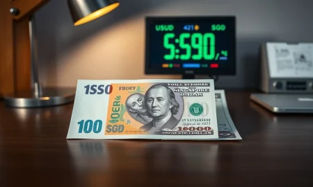 Singapore dollar and US dollar banknotes on a desk with a digital exchange rate screen in the background.