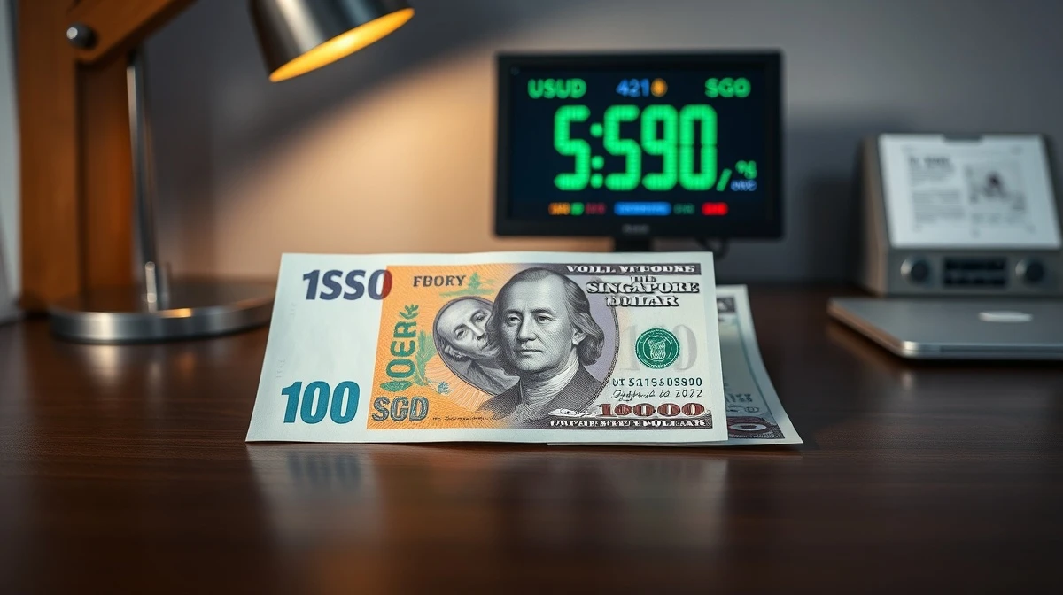 Singapore dollar and US dollar banknotes on a desk with a digital exchange rate screen in the background.