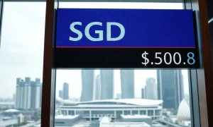 Singapore dollar exchange rate board against US dollar in a financial district setting