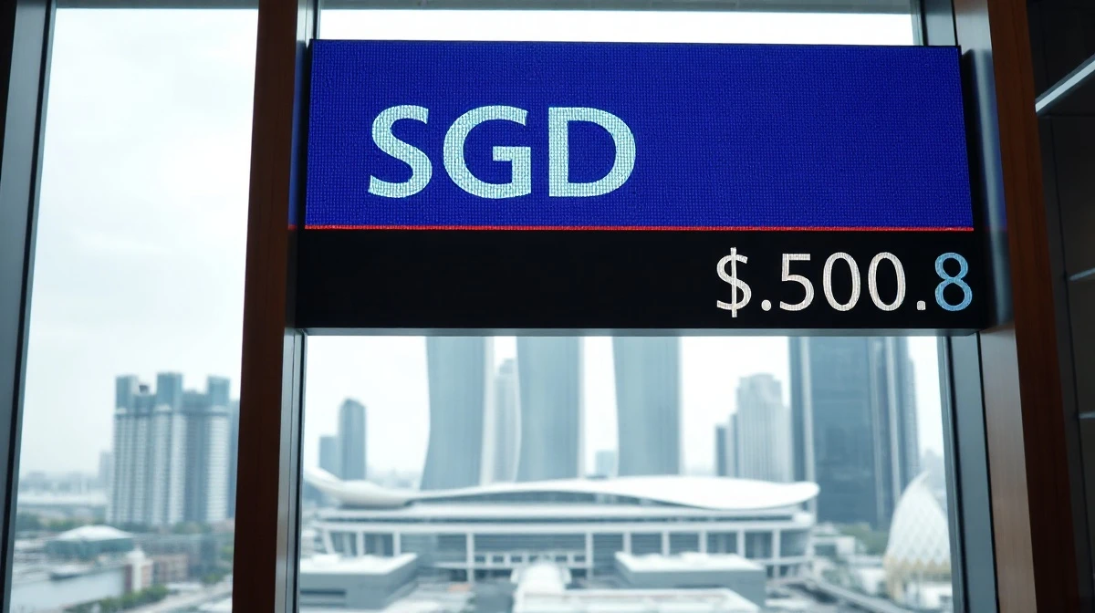 Singapore dollar exchange rate board against US dollar in a financial district setting