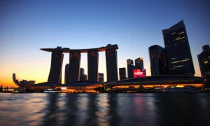 Singapore skyline at dusk with Marina Bay Sands and financial district